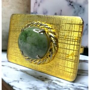 Vintage Green Cabochon Gemstone Gold Tone Belt Buckle